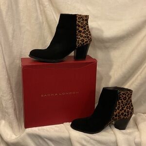 Sacha London Black and Leopard Print Heeled Boots